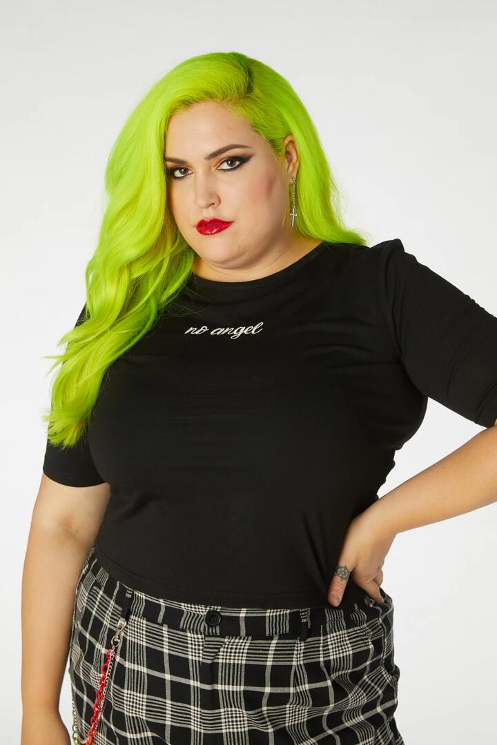 Image of a model wearing Tops. Productname: Angelic Tee Curve in Black colour by brand - Black Friday