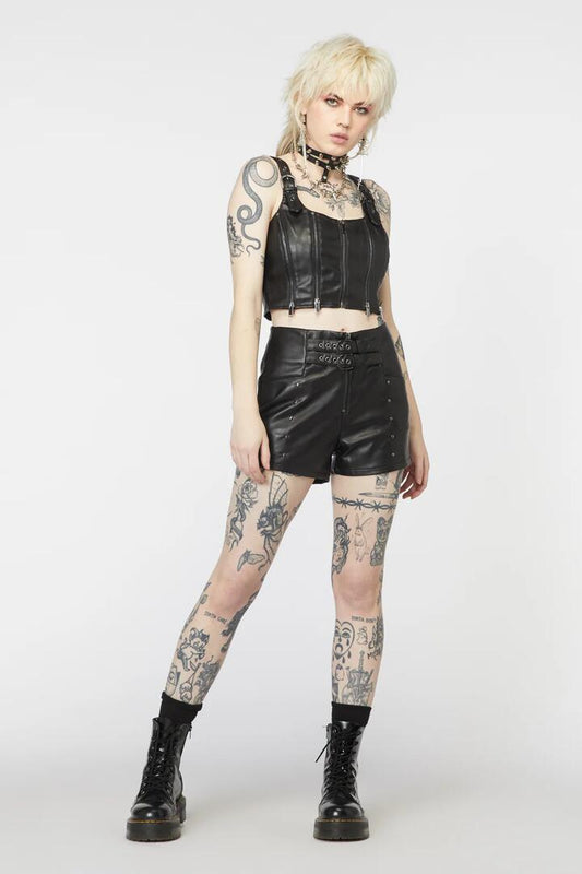 Image of a model wearing Shorts. Productname: Punk Studded PU Shorts in Black colour by brand - Dangerfield
