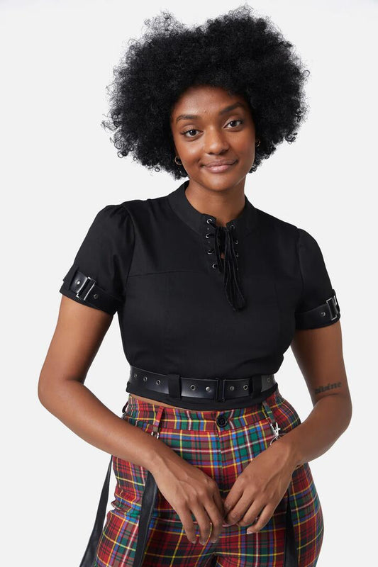 Image of a model wearing Tops. Productname: Goth Lace Up Neck Blouse in Black colour by brand - Dangerfield