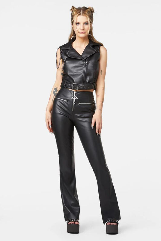 Image of a model wearing Tops. Productname: Punk Eyelet PU Belted Vest in Black colour by brand - Dangerfield