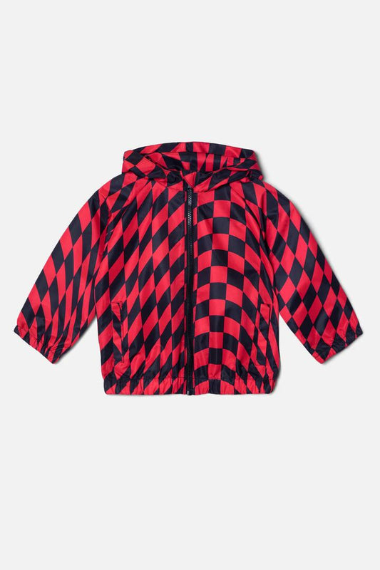 Image of a model wearing Outerwear. Productname: Warped Kids Rain Jacket in Red/Black colour by brand - Dangerkids