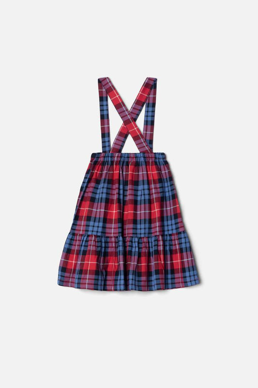 Image of a model wearing Skirts. Productname: Babe Kids Check Braces Skirt in Burgundy colour by brand - Dangerkids