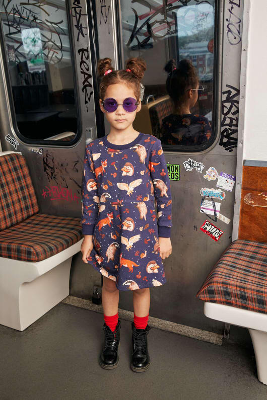 Image of a model wearing Dress. Productname: Woodland Animal Kids Dress in Navy colour by brand - Dangerkids