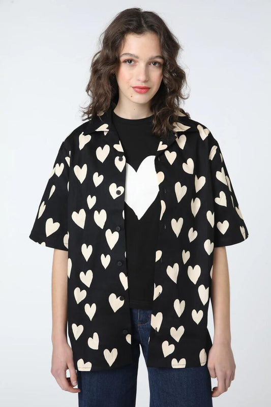 Image of a model wearing Tops. Productname: Hearts Everyone Shirt in Black colour by brand - Princess Highway