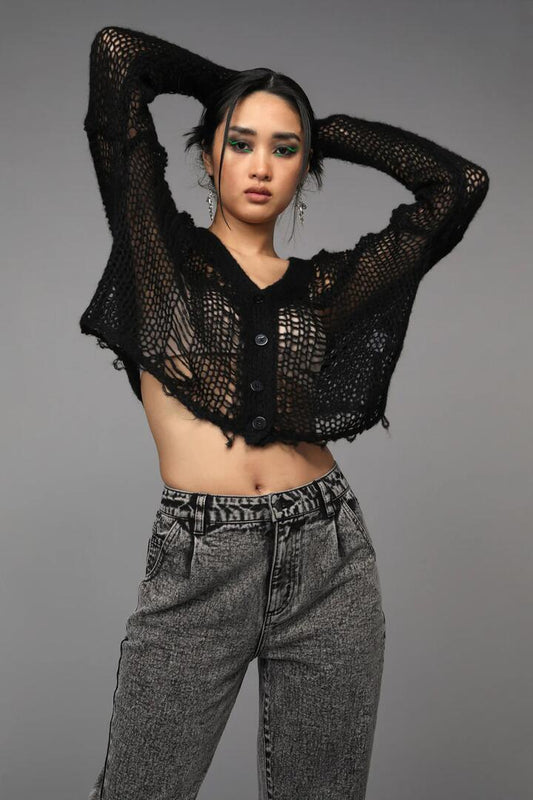 Image of a model wearing Outerwear. Productname: Distressy Cardigan in Black colour by brand - Black Friday