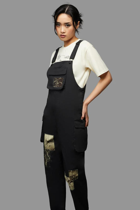 Image of a model wearing Pants. Productname: Rarity Patch Overall in Black colour by brand - Black Friday