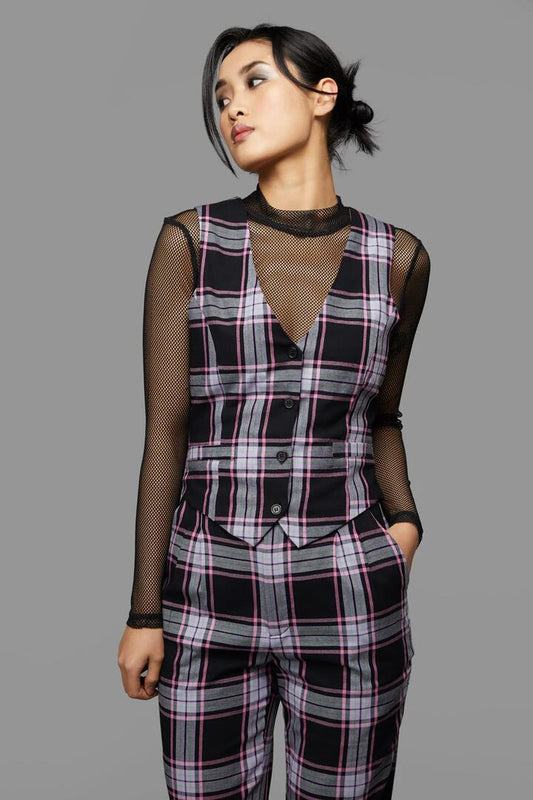 Image of a model wearing Tops. Productname: Myrtle Tartan Vest in Purple colour by brand - Black Friday