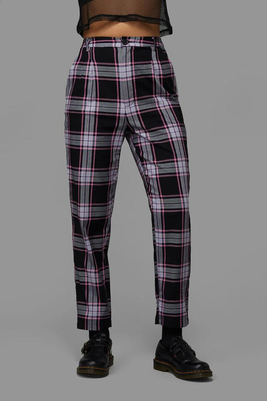 Image of a model wearing Pants. Productname: Myrtle Tartan Pant in Purple colour by brand - Black Friday