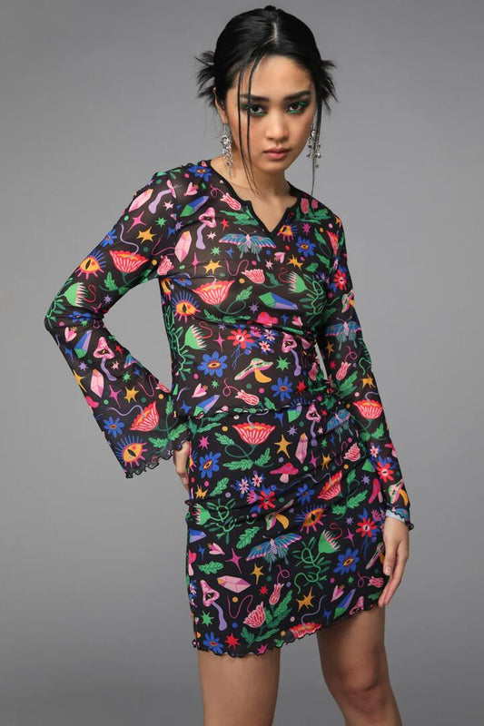 Image of a model wearing Tops. Productname: Plantistry Mesh Top in Multi colour by brand - Black Friday