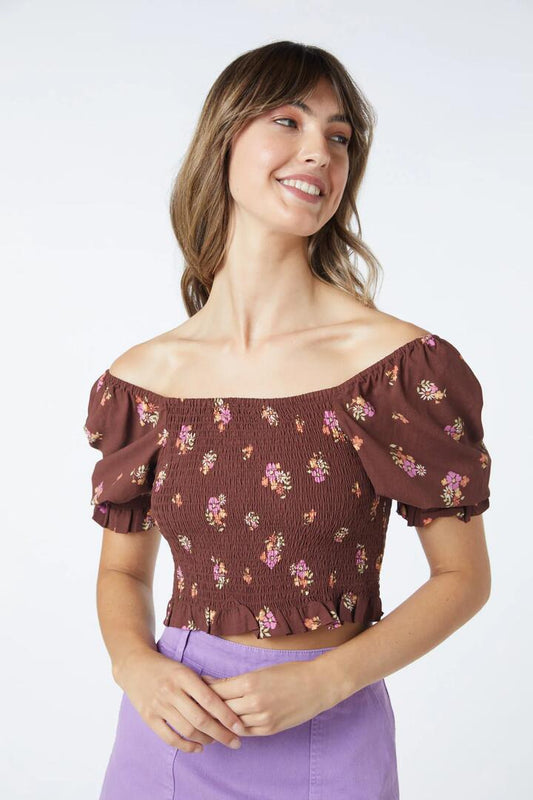 Image of a model wearing Tops. Productname: Ziva Floral Top in Chocolate colour by brand - Princess Highway