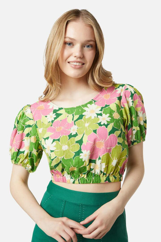 Image of a model wearing Tops. Productname: Edie Floral Cropped Top in Green colour by brand - Princess Highway