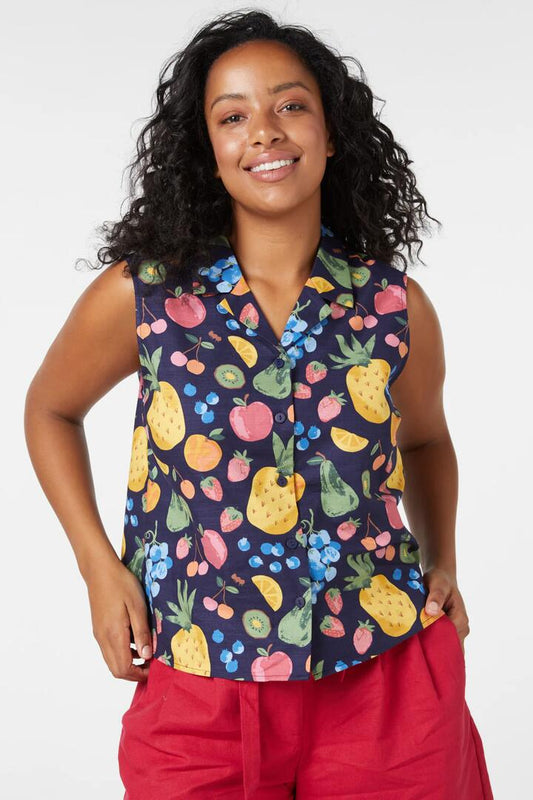 Image of a model wearing Tops. Productname: Summer Fruits Blouse in Navy colour by brand - Princess Highway