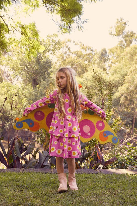 Image of a model wearing Dress. Productname: Daisy Ladybird Kids Jersey Dress in Pink colour by brand - Princess Highway Kids