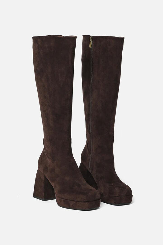 Image of Boots. Productname: Suede Look Knee High Boot in Chocolate colour by brand - Princess Highway