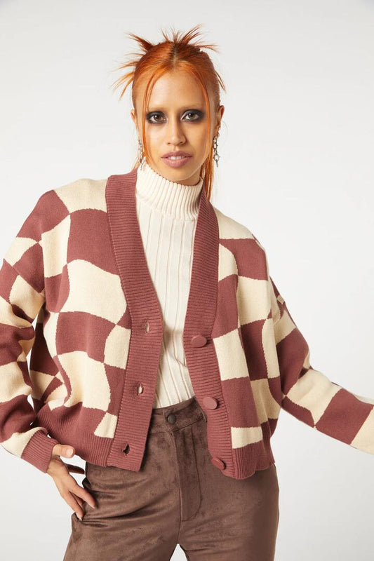 Image of a model wearing Outerwear. Productname: Check It Cardigan in Brown/Cream colour by brand - Dangerfield