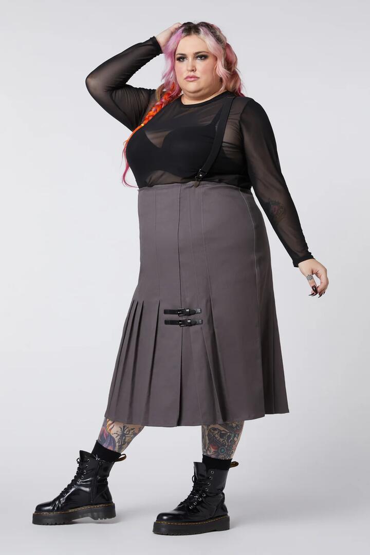 Image of a model wearing Skirts. Productname: Curve Time & Date Pleated Skirt in Charcoal colour by brand - Dangerfield