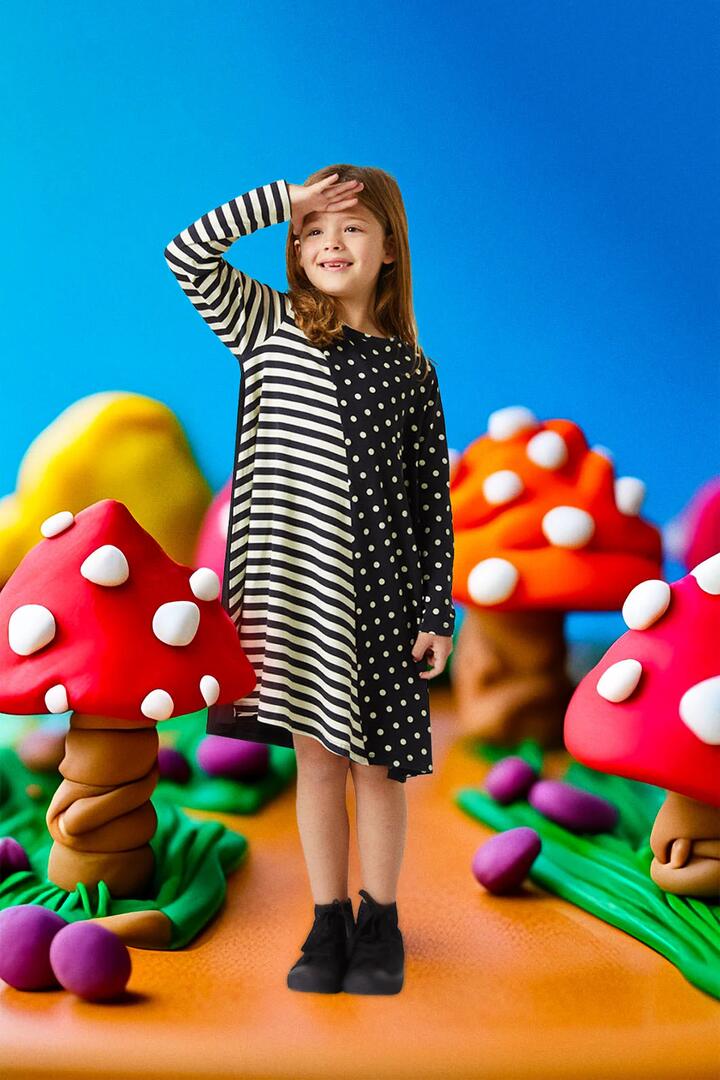 Image of a model wearing Dress. Productname: Big Top Kids Jersey Dress in Black/Cream colour by brand - Dangerkids