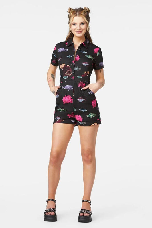 Image of a model wearing Dress. Productname: Deep Sea Playsuit in Black colour by brand - Dangerfield
