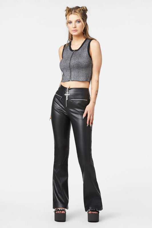 Image of a model wearing Pants. Productname: Crucifix Tall Flare in Black colour by brand - Dangerfield