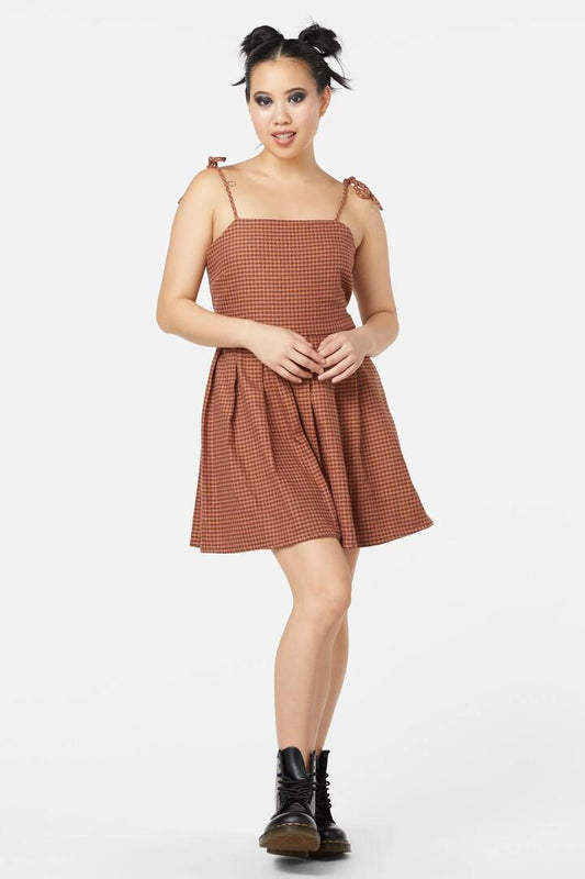Image of a model wearing Dress. Productname: Dodo Houndstooth Dress in Brown colour by brand - Dangerfield