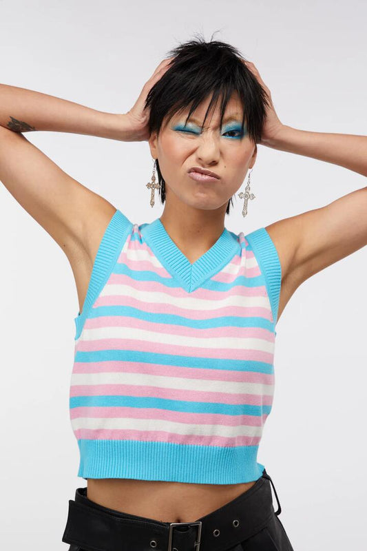 Image of a model wearing Tops. Productname: Pastel Stripe Vest in Multi colour by brand - Dangerfield