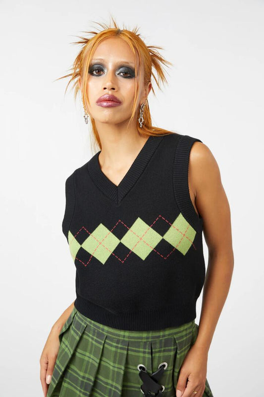 Image of a model wearing Tops. Productname: Large Argyle Knit Vest in Black colour by brand - Dangerfield