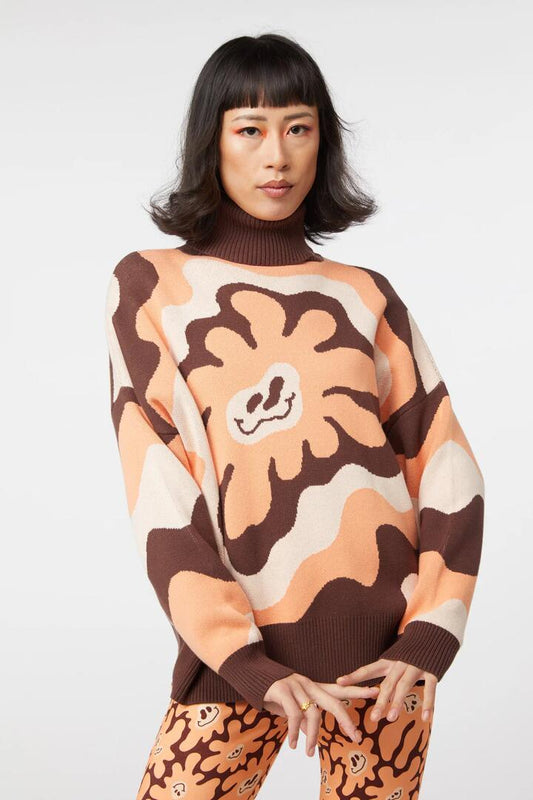 Image of a model wearing Tops. Productname: Flower Frenzy Knit in Brown colour by brand - Dangerfield