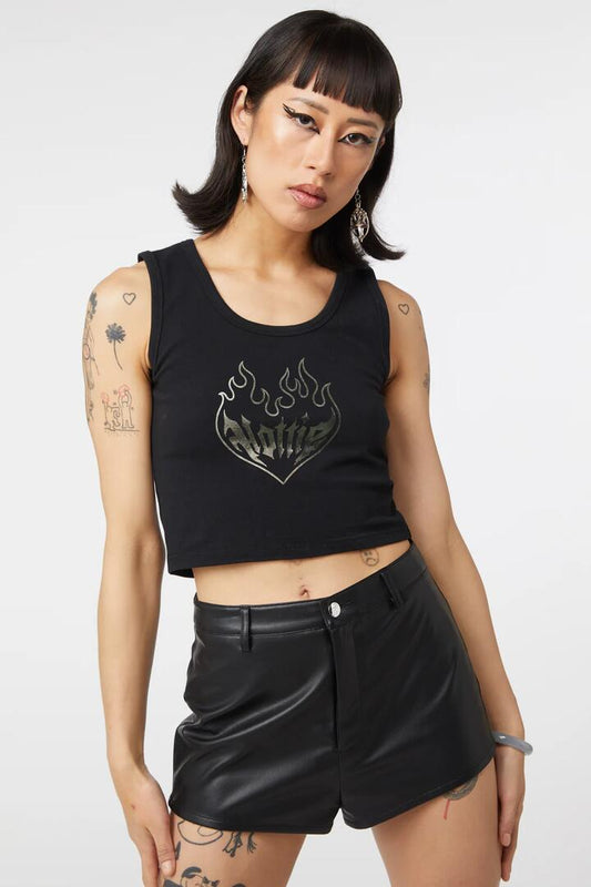 Image of a model wearing Tops. Productname: Hottie Foil Ribbed Tank in Black colour by brand - Dangerfield