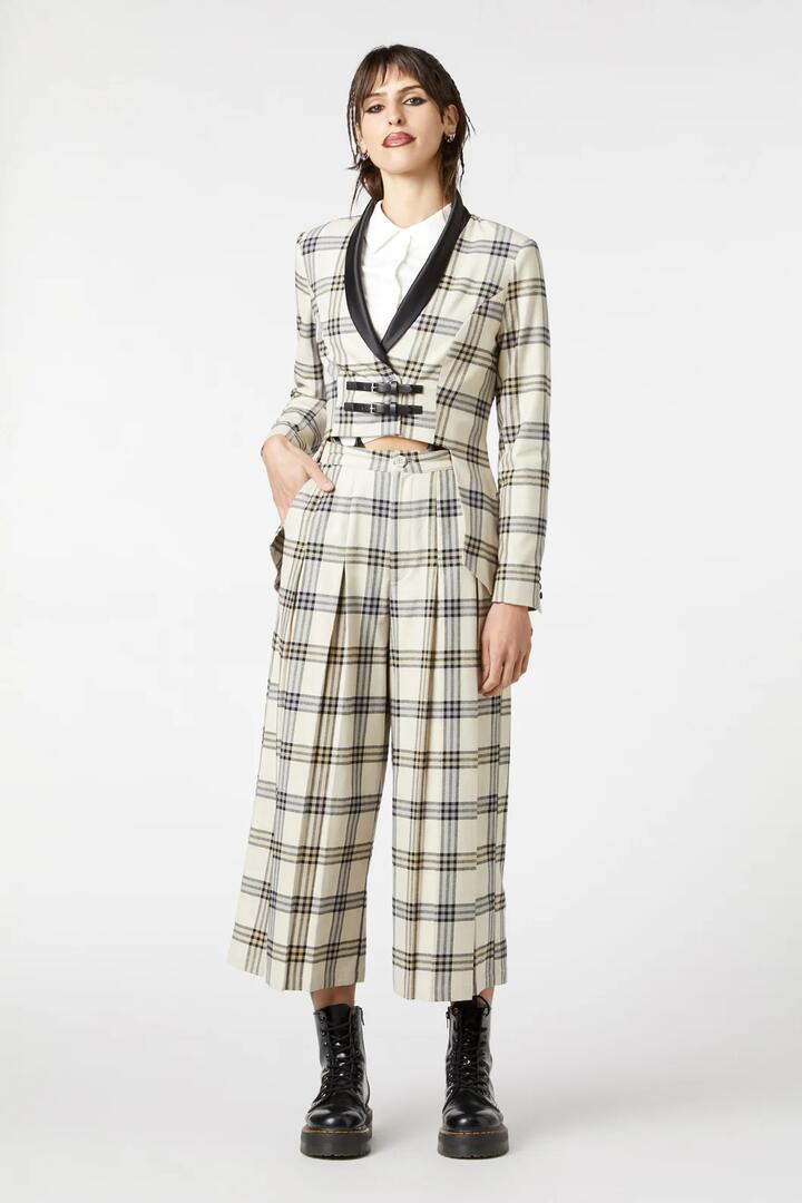 Image of a model wearing Outerwear. Productname: Crescent Tartan Tail Coat in Beige colour by brand - Dangerfield