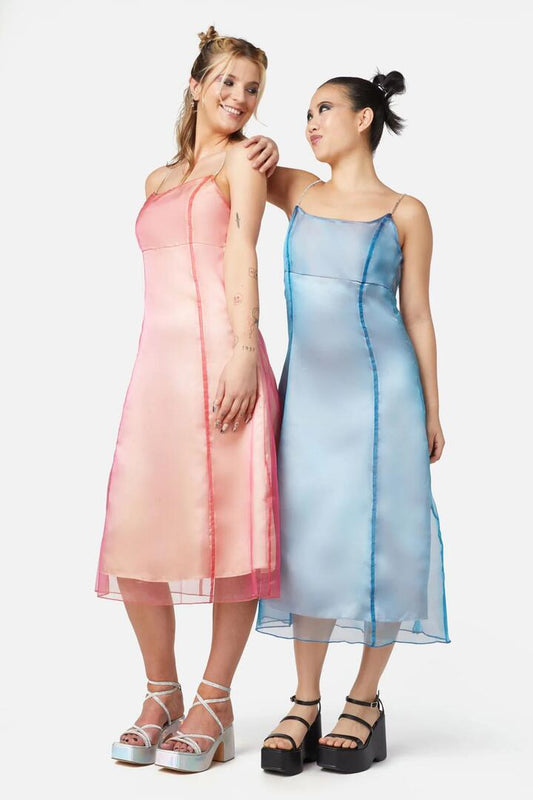 Image of a model wearing Dress. Productname: Holographic Sheer Dress in Orange colour by brand - Dangerfield