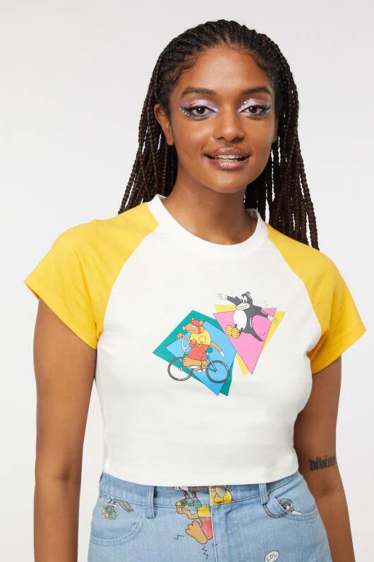 Image of a model wearing Tops. Productname: Possum Magpie Cropped Raglan in Mustard/Cream colour by brand - Dangerfield