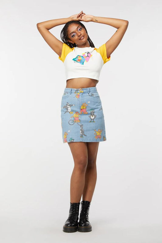 Image of a model wearing Denim. Productname: Possum Magpie Denim Skirt in Blue colour by brand - Dangerfield