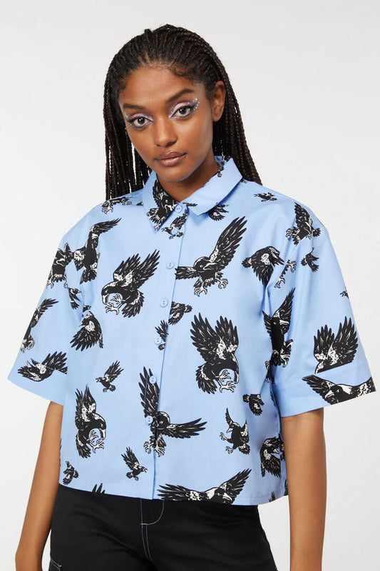 Image of a model wearing Tops. Productname: Swoopin Magpie Oversize Shirt in Blue colour by brand - Dangerfield
