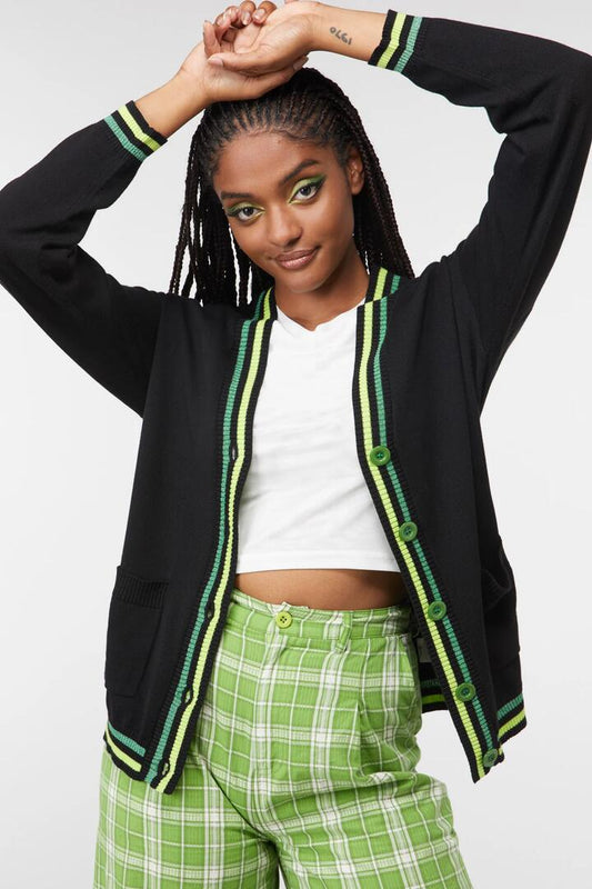 Image of a model wearing Outerwear. Productname: Preppy Light Cardi in Black/Green colour by brand - Dangerfield