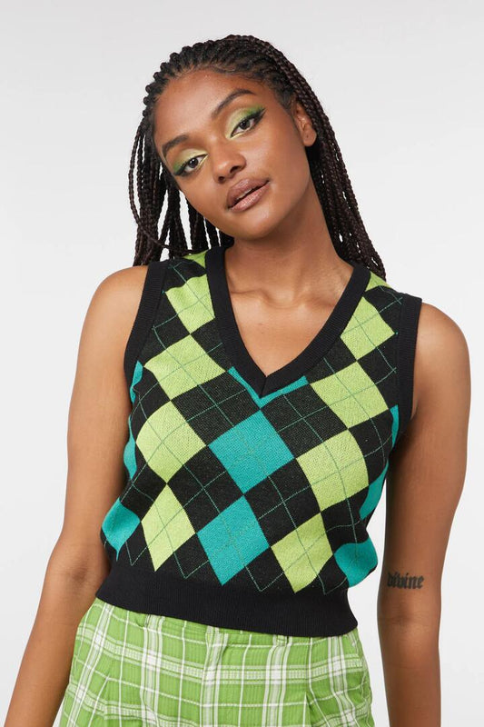 Image of a model wearing Tops. Productname: Preppy Vest in Black/Green colour by brand - Dangerfield