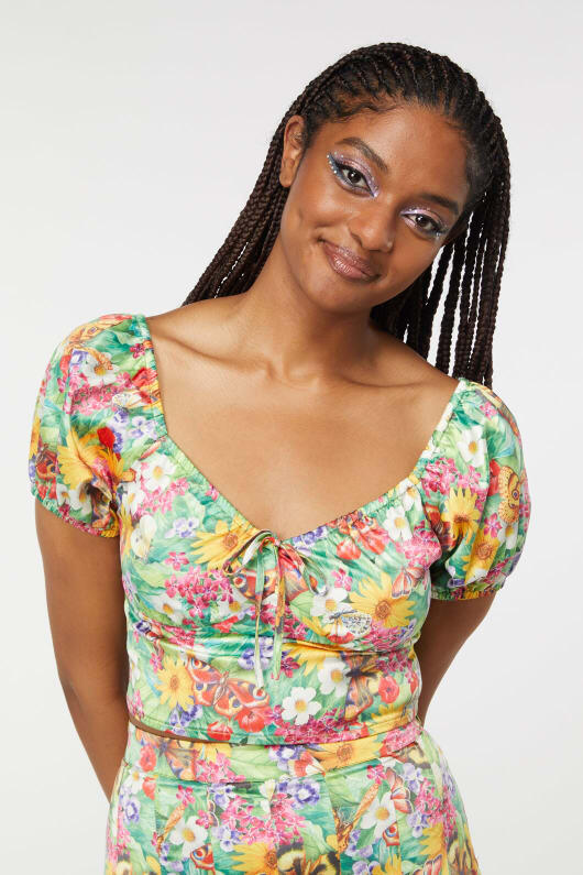 Image of a model wearing Tops. Productname: Glade Satin Milkmaid Top in Green colour by brand - Dangerfield