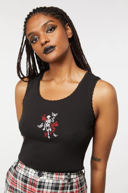 Image of a model wearing Tops. Productname: Garden Skelly Tank in Black colour by brand - Dangerfield