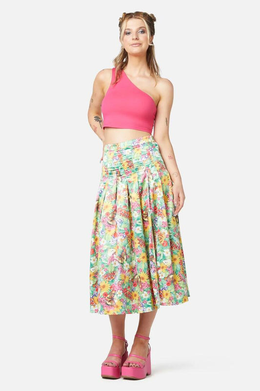 Image of a model wearing Skirts. Productname: Glade Satin Midi Skirt in Green colour by brand - Dangerfield