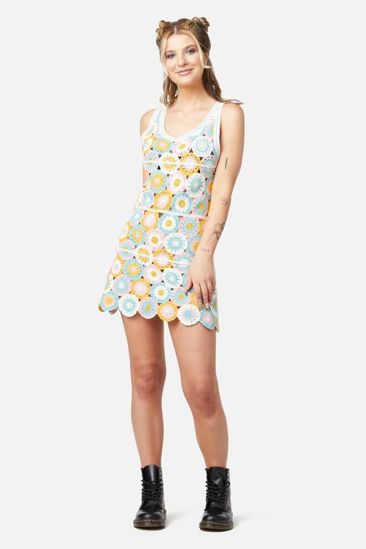 Image of a model wearing Dress. Productname: Crafty Crochet Dress in Multi colour by brand - Dangerfield
