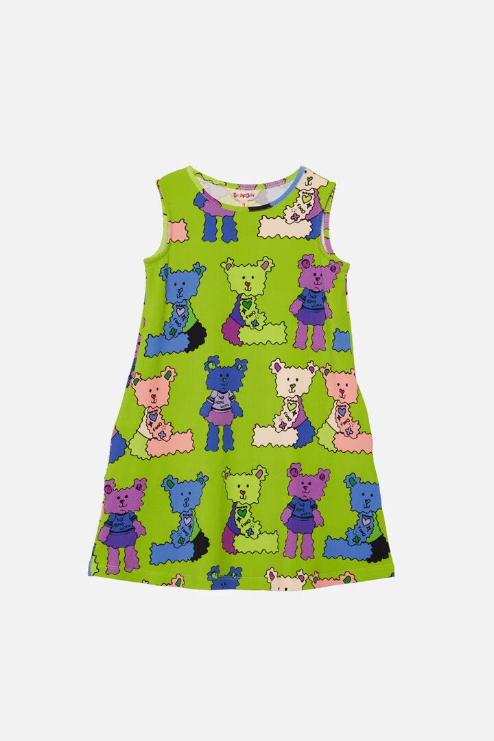 Image of a model wearing Dress. Productname: Bear Kids Jersey Dress in Lime colour by brand - Dangerkids