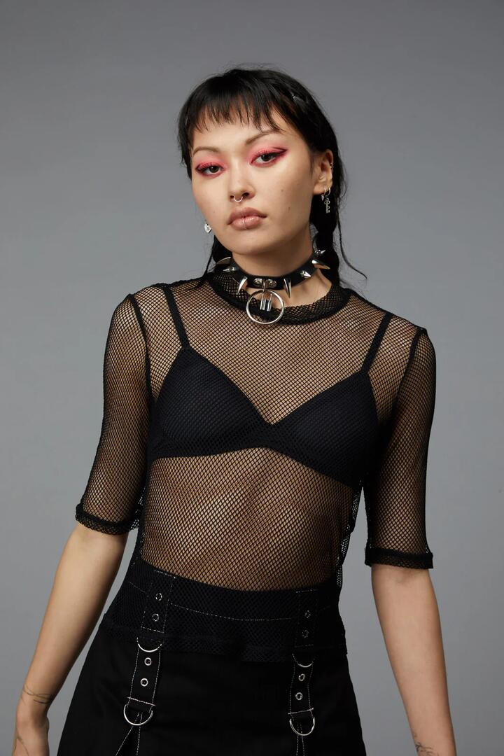 Image of a model wearing Tops. Productname: Wide Mesh Top in Black colour by brand - Black Friday