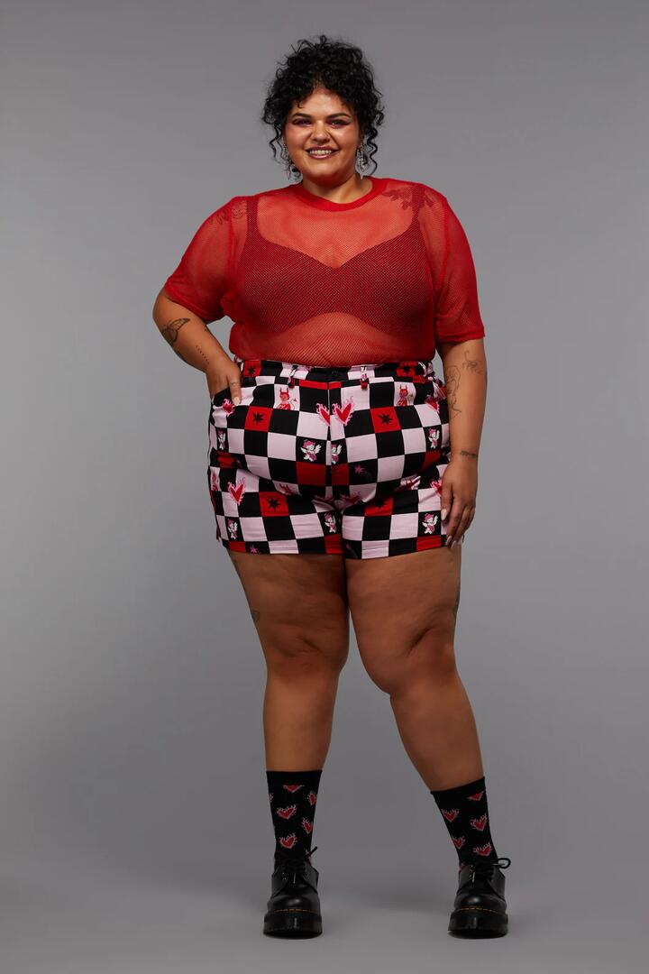 Image of a model wearing Shorts. Productname: Curve Check It Goth Short in Multi colour by brand - Black Friday