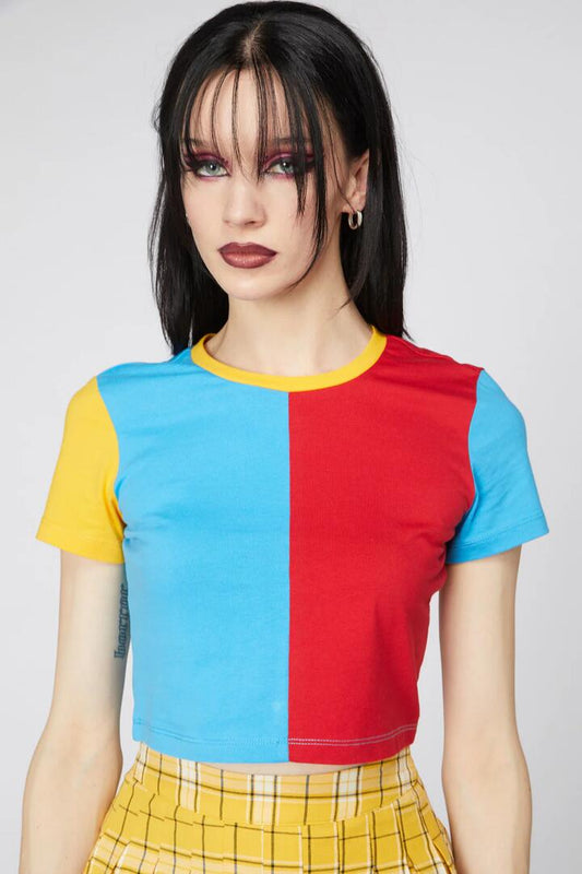 Image of a model wearing Tops. Productname: Nemo Colour Block Crop Tee in Blue/Red colour by brand - Dangerfield