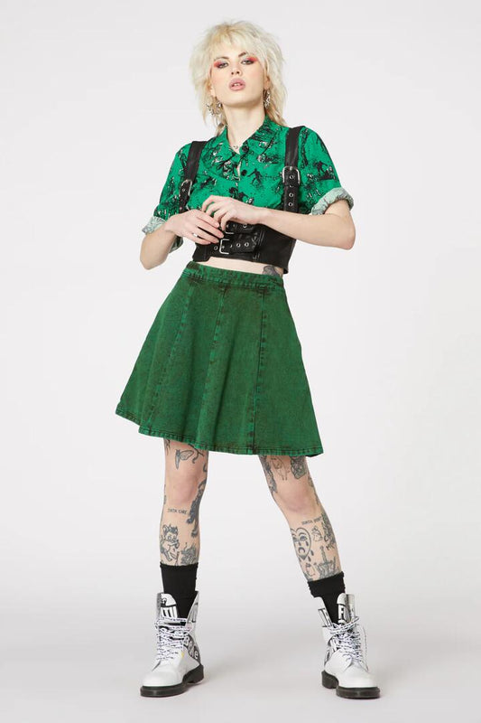Image of a model wearing Skirts. Productname: Joyride Acid Wash Mini Skirt in Green colour by brand - Dangerfield