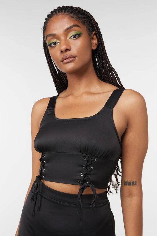 Image of a model wearing Tops. Productname: Lizzie Satin Bustier Top in Black colour by brand - Dangerfield