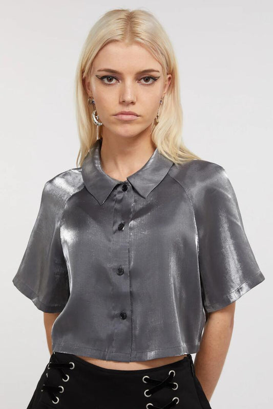 Image of a model wearing Tops. Productname: Holographic Raglan Shirt in Black colour by brand - Dangerfield