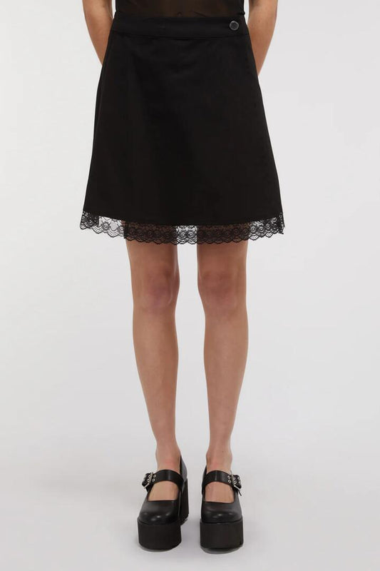 Image of a model wearing Skirts. Productname: Lace Trim Goth Skirt in Black colour by brand - Dangerfield