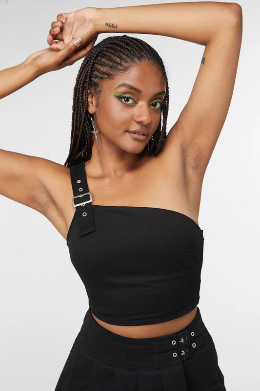 Image of a model wearing Tops. Productname: One Shoulder Buckle Top in Black colour by brand - Dangerfield