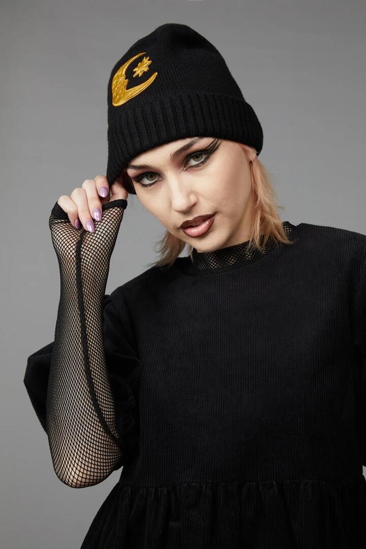 Image of Hats. Productname: Celestial Applique Beanie in Black colour by brand - Black Friday