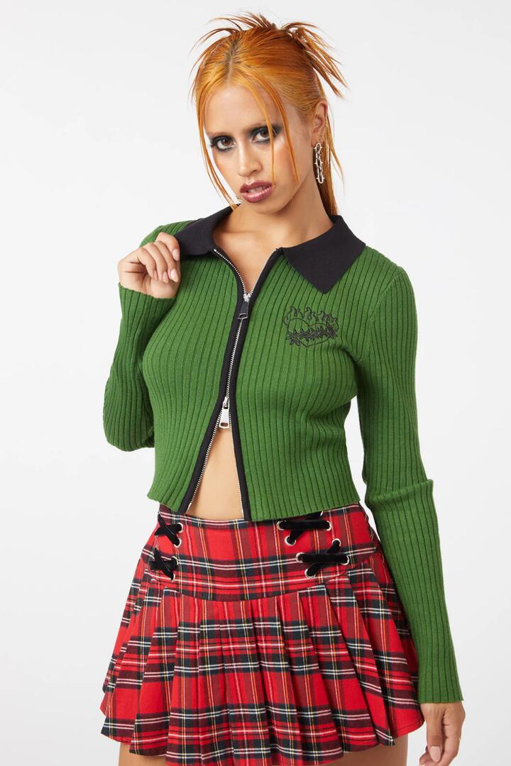 Image of a model wearing Outerwear. Productname: Lurex Embroidery Zip Cardi in Olive colour by brand - Dangerfield